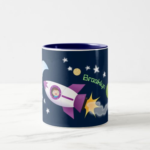 Cute rocket ship in space cartoon illustration Two_Tone coffee mug