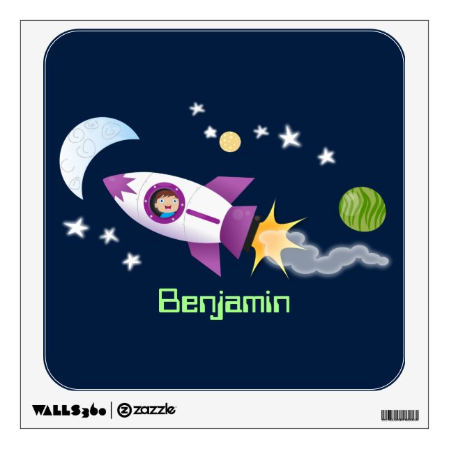 Cute rocket ship in space cartoon illustration wall decal (Front)