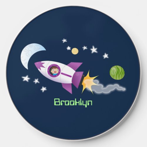 Cute rocket ship in space cartoon illustration wireless charger 