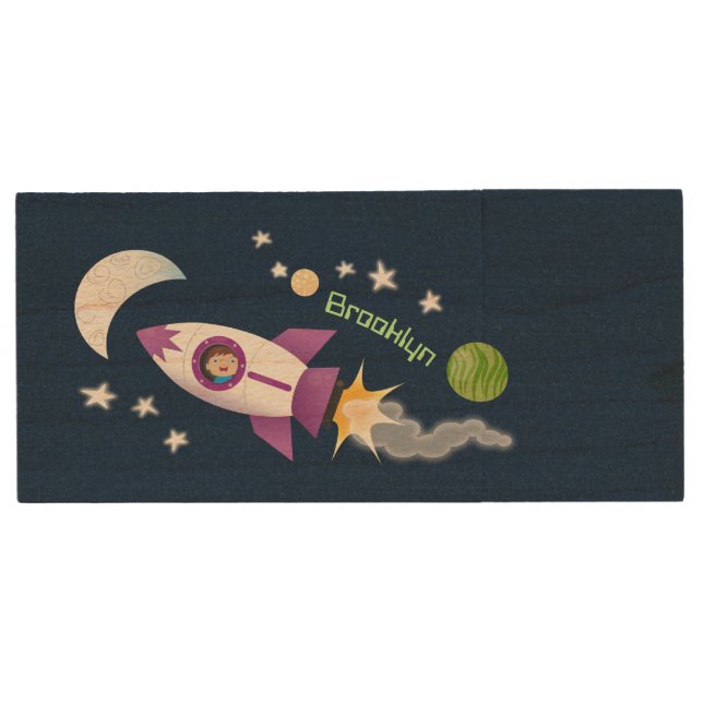 Cute rocket ship in space cartoon illustration wood flash drive (Front)