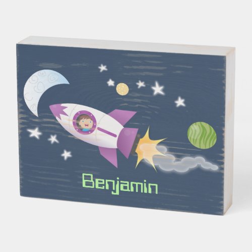 Cute rocket ship in space cartoon illustration wooden box sign