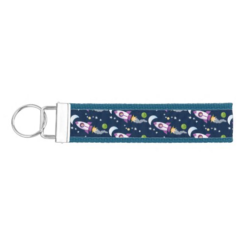 Cute rocket ship in space cartoon illustration wrist keychain