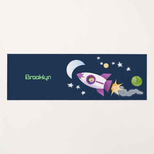 Cute rocket ship in space cartoon illustration yoga mat