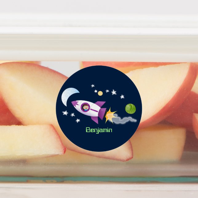 Cute rocket ship in space cartoon personalized labels (Affixed)