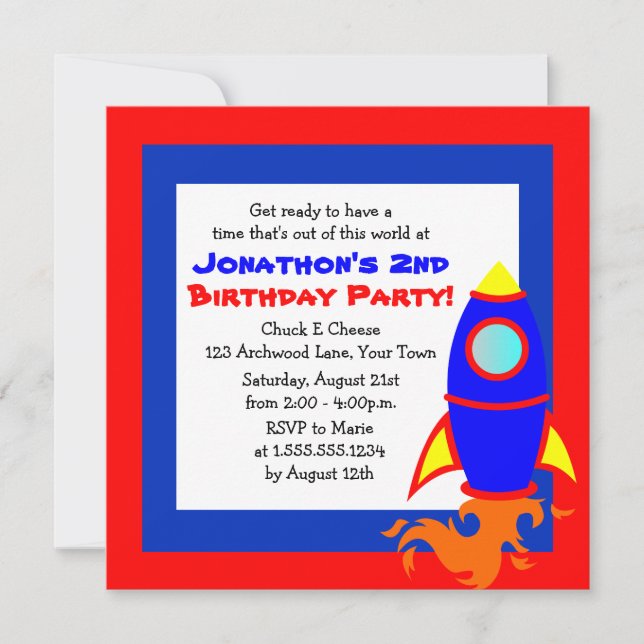 Cute Rocket / Space Theme Kids Birthday Invitation (Front)