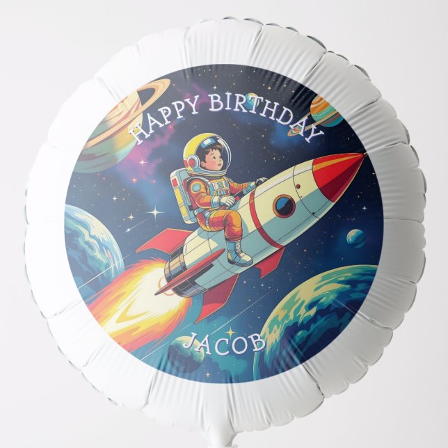 Cute Rockets in Space Astronaut Birthday Balloon (Front)