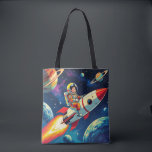 Cute Rockets in Space Astronaut Birthday Tote Bag<br><div class="desc">Cute birthday tote bag with a retro comic book style illustration of a little boy flying on a rocket through space!</div>