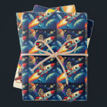 Cute Rockets in Space Astronaut Birthday Wrapping Paper Sheets<br><div class="desc">Three cute birthday piece of gift wrap with different illustration. One has a cute retro comic book style illustration of a little boy flying on a rocket through space! Another has the same but in a pattern. The third has a pattern of rockets in space in blue, yellow and red....</div>