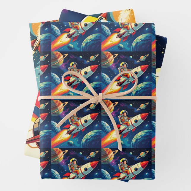 Cute Rockets in Space Astronaut Birthday Wrapping Paper Sheets (In situ)