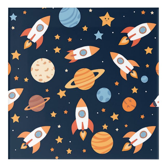 Cute Rockets Planets Space Pattern Acrylic Print (Front)