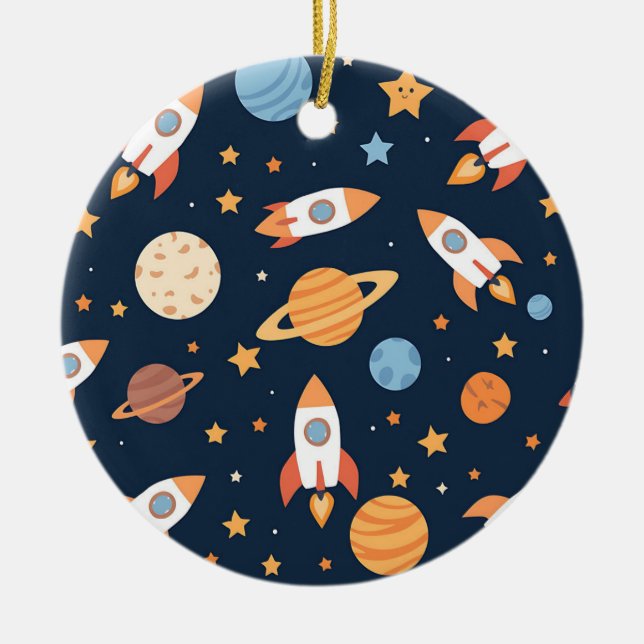 Cute Rockets Planets Space Pattern Ceramic Ornament (Front)