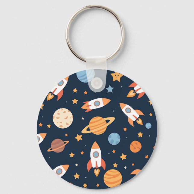 Cute Rockets Planets Space Pattern Keychain (Front)