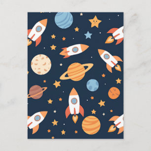 Cute Rockets Planets Space Pattern Postcard