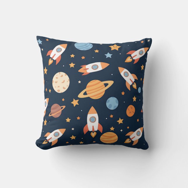 Cute Rockets Planets Space Pattern Throw Pillow (Front)