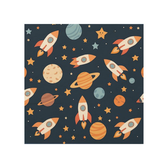 Cute Rockets Planets Space Pattern Wood Wall Art (Front)