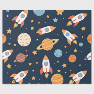 Cute Rockets Planets Space Pattern Wrapping Paper