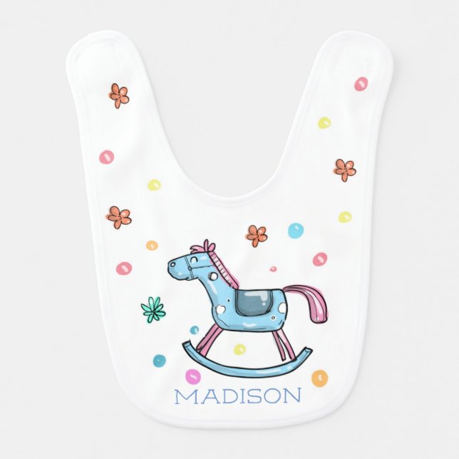 Cute Rocking Horse and Dots Personalised Baby Bib (Front)
