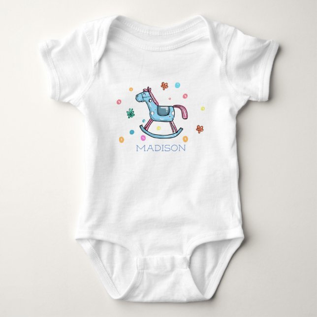 Cute Rocking Horse and Dots Personalised Baby Bodysuit (Front)