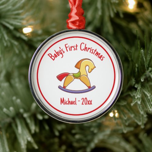 Cute Rocking Horse Babys First Christmas Metal Ornament