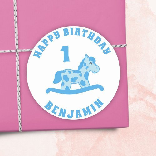 Cute Rocking Horse Blue Boy 1st Birthday Classic Round Sticker