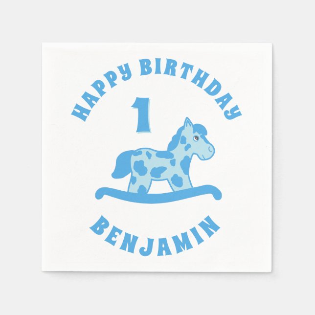 Cute Rocking Horse Blue Boy 1st Birthday Party Napkins (Front)