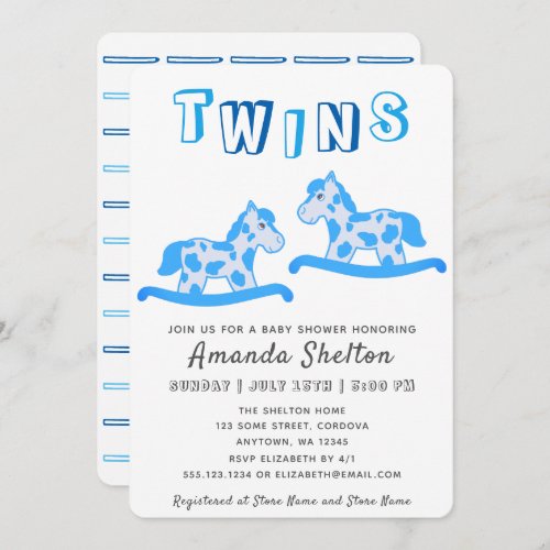 Cute Rocking Horse Blue Boy Twins Baby Shower Invitation