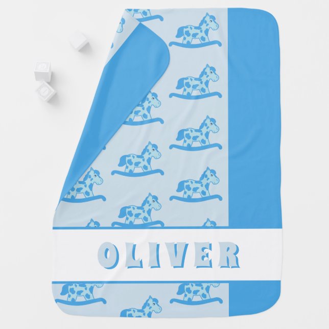 Cute Rocking Horse Pattern Blue Baby Name Baby Blanket (In Situ)