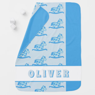 Cute Rocking Horse Pattern Blue Baby Name Blanket