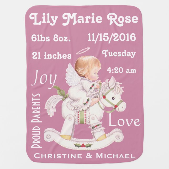 Cute Rocking Horse Personalized Baby Angel Blanket (Front)