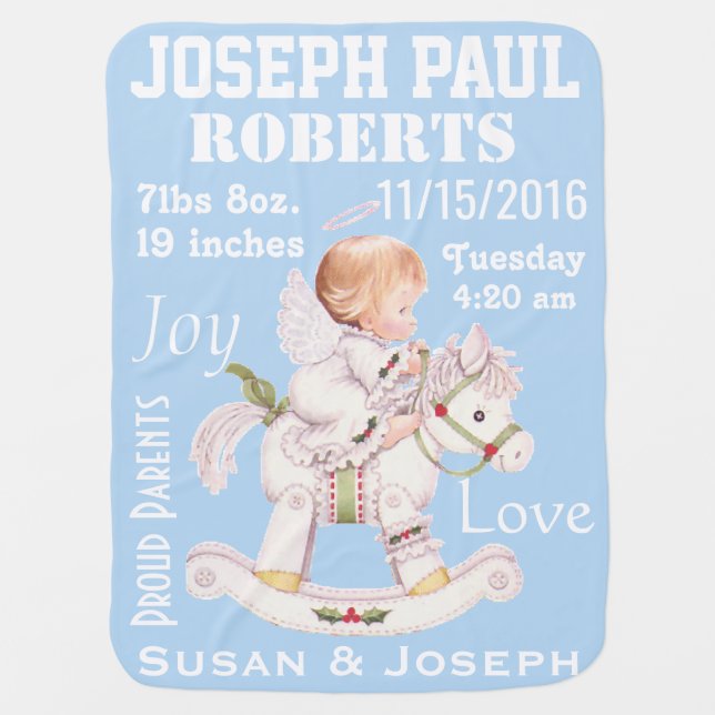 Cute Rocking Horse Personalized Baby Angel Blanket (Front)