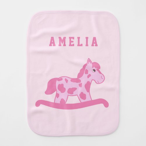Cute Rocking Horse Pink Baby GIrl Name Baby Burp Cloth