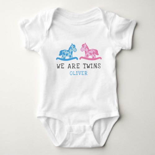 Cute Rocking Horse Twins Boy Girl Name Baby Bodysuit - Cute Rocking Horse Twins Boy Girl Name Baby Bodysuit. Two cute rocking horses toys - pink and blue for a baby boy and a baby girl. Personalize with your name - blue for a baby boy brother. Great design for twins for a baby shower or a gift for a newborn twin baby boy.