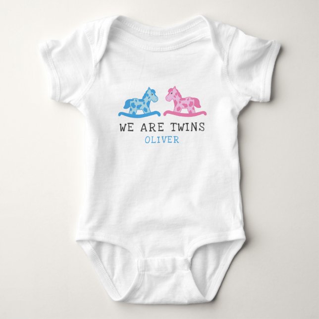 Cute Rocking Horse Twins Boy Girl Name Baby Bodysuit (Front)