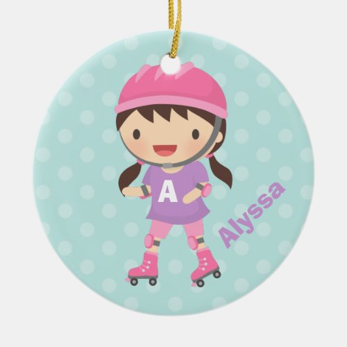 Cute Roller Skater Girl in Pink and Purple Ceramic Ornament