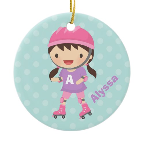 Cute Roller Skater Girl in Pink and Purple Ceramic Ornament