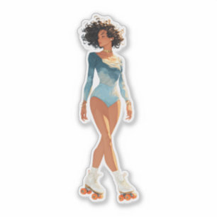 Cute Roller Skating Woman in Blue Bodysuit Sticker
