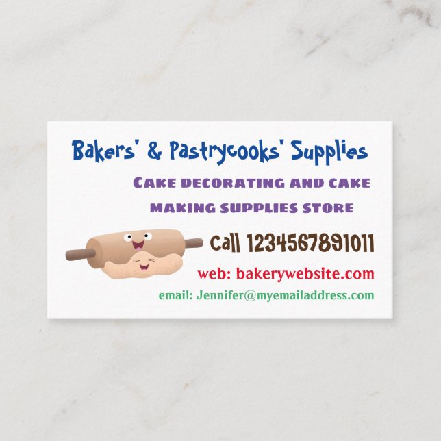 Cute rolling pin and dough pastry baking cartoon business card (Front)