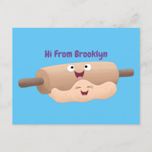 Cute rolling pin and dough pastry baking cartoon postcard