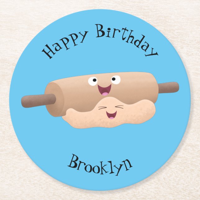 Cute rolling pin and dough pastry baking cartoon round paper coaster (Front)