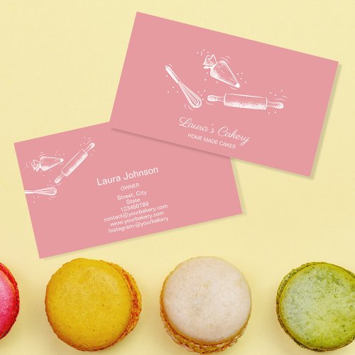 Cute rolling pin  whisk cupcake Bakery Blush Pink Business Card