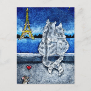 Cute romance Paris Cats Mouse heart postcard