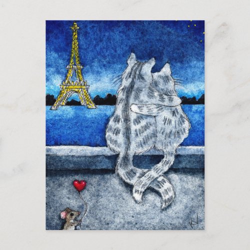 Cute romance Paris Cats Mouse heart postcard
