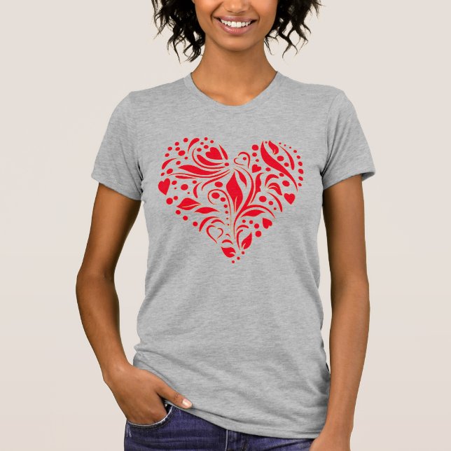Cute Romantic Abstract Heart Design Red Gray T-Shirt (Front)