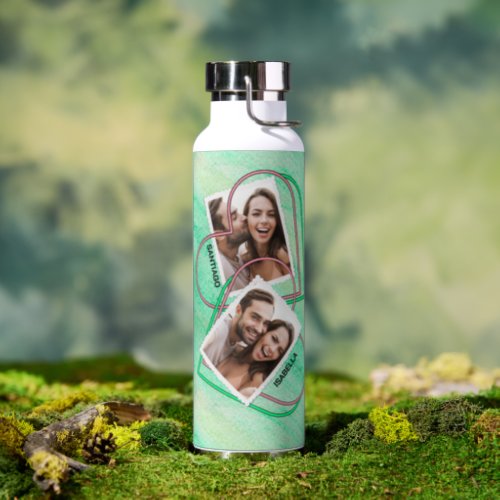 Cute Romantic and Trendy Two Photo Monoline Heart Water Bottle