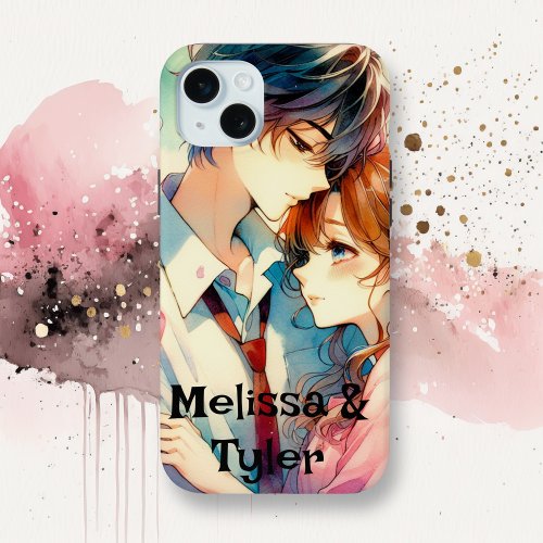 Cute Romantic Anime Couple Embracing Personalized iPhone 15 Plus Case