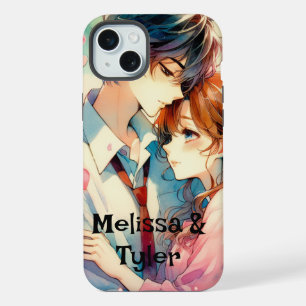 Cute Romantic Anime Couple Embracing Personalized iPhone 15 Plus Case