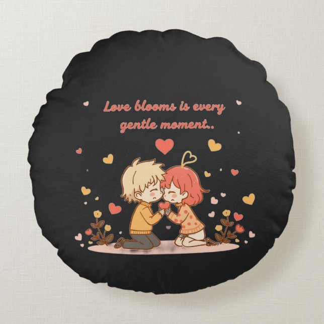Cute Romantic Anime Couple - Love Moment Round Pillow (Front)