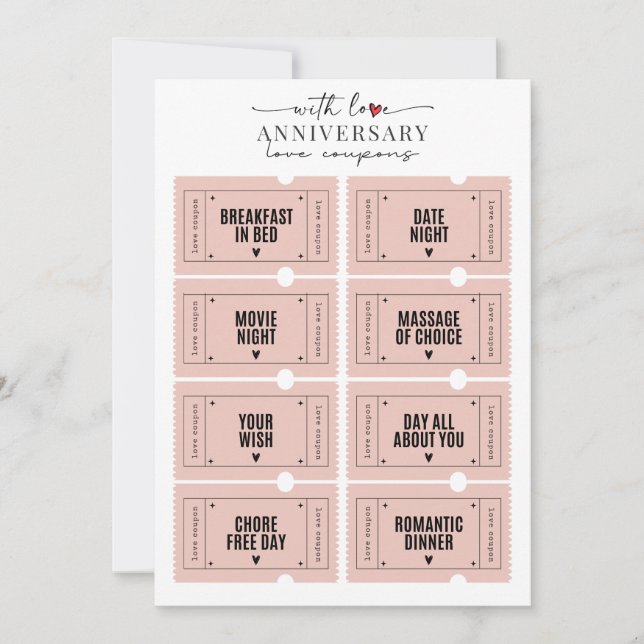 Cute Romantic Anniversary Printable Love Coupons  Invitation (Front)
