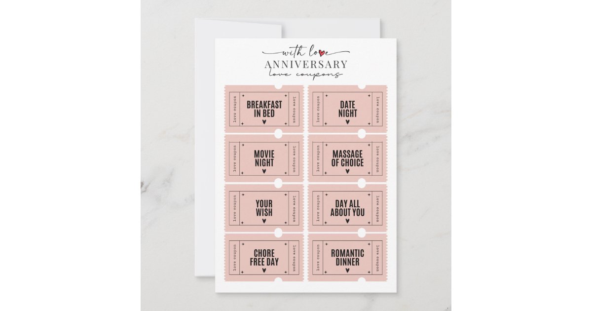 Cute Romantic Anniversary Printable Love Coupons Invitation Zazzle
