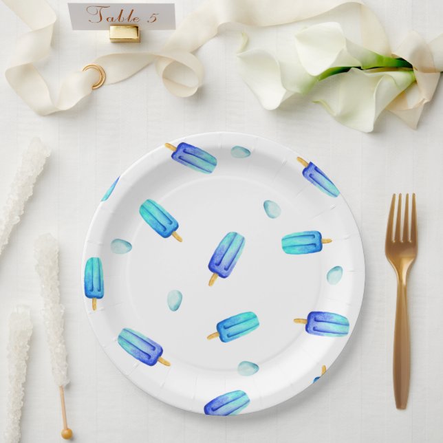 Cute Romantic Blue popsicle Birthday Paper Plates (Wedding)
